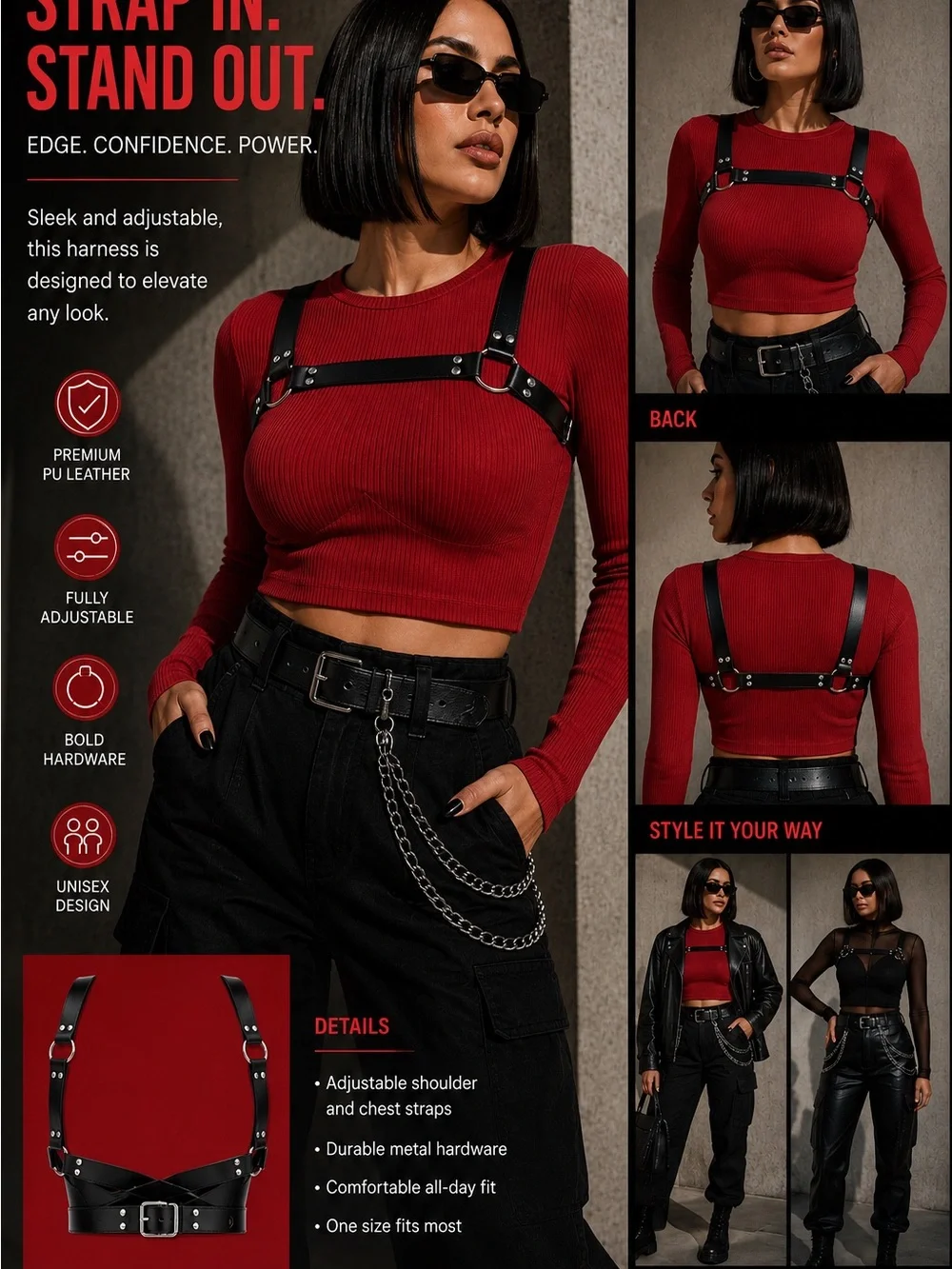 Black PU Leather Harness Chest Strap